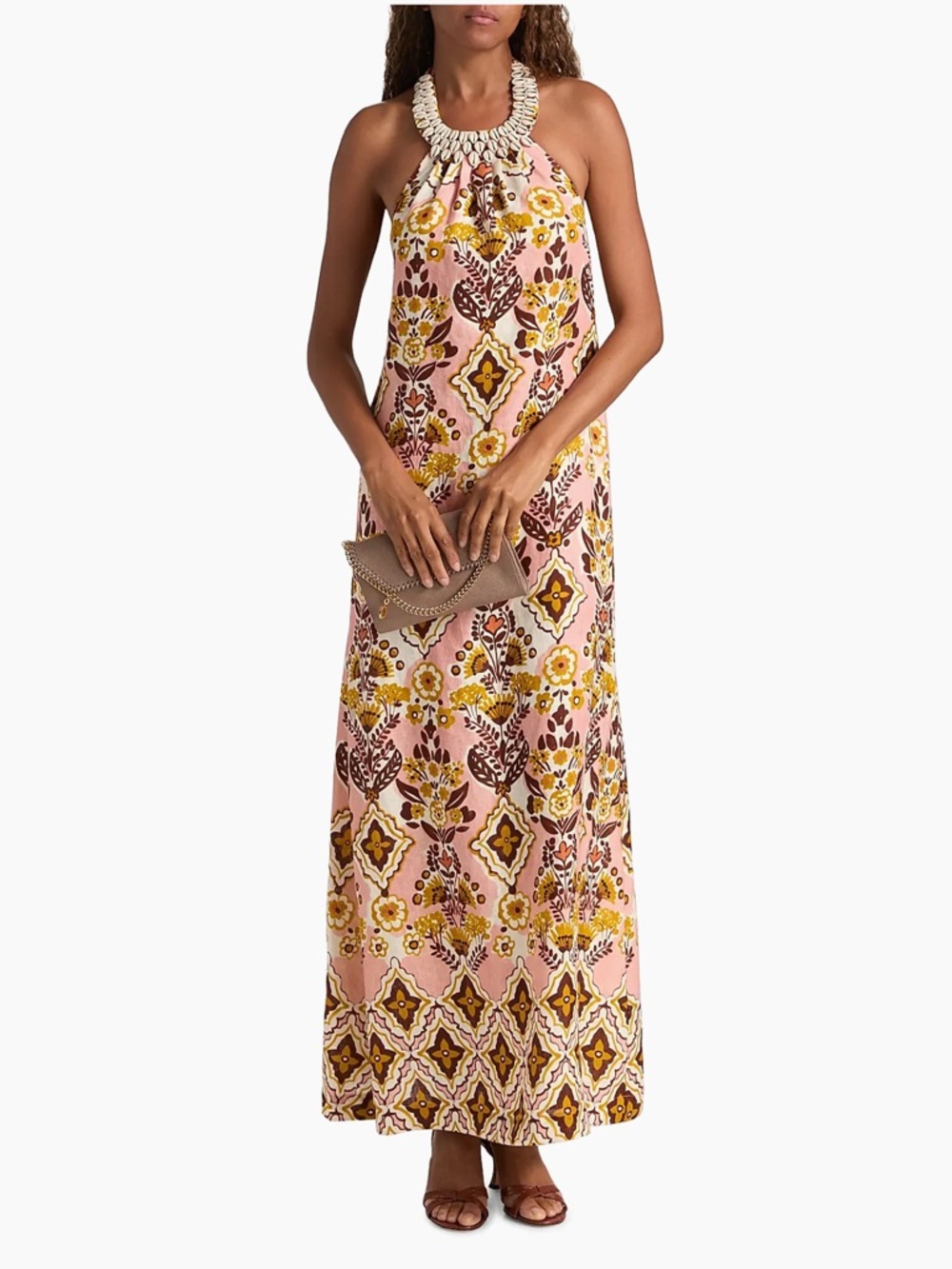 Cara Cara Pink Floral Halter Maxi Dress with Shell Neckline